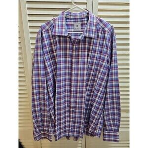 David Donahue Mens XXL Blue Button Long Sleeve Plaid Dress Shirt Purple